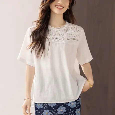 短袖t恤女夏季新款加肥加大码女装宽松蕾丝拼接镂空白色半袖体恤商品大图