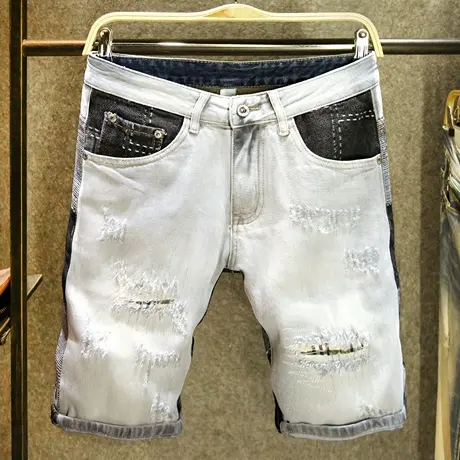 撞色拼接短裤男夏季薄款潮牌破洞补丁牛仔五分裤街头痞帅潮流中裤图片