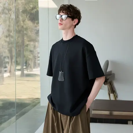 Lilbetter莱赛尔天丝棉空气层圆领T恤夏季缝线装饰宽松针织短袖男图片