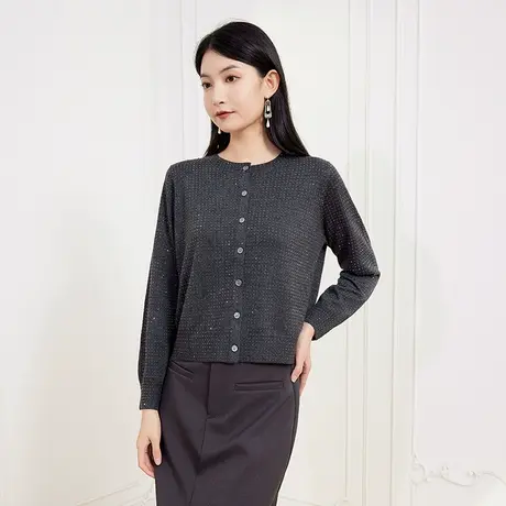 希区瑞普轻奢百搭修身显瘦低圆领针织衫高级感重工烫钻开衫商品大图