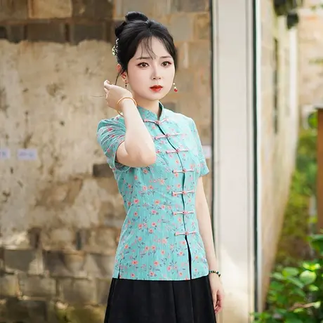 筠雅夏季新款素色唐装上衣女中式改良复古女士斜襟改良短袖25J217图片