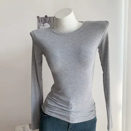 韩系纯欲修身内搭圆领百搭弹力紧身显瘦正肩长袖T恤打底衫上衣图片