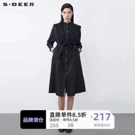 sdeer圣迪奥女装连帽拼接收腰不规则黑色长袖衬衫连衣裙S21461201图片