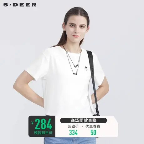 sdeer圣迪奥女装夏季短袖上衣休闲圆领趣味印花白色T恤S21280150💀商品大图