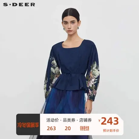 sdeer圣迪奥女装复古方领印花收腰压褶衬衫S233Z0520🉐商品大图