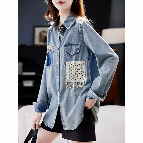 宝诗黎蕾丝亮片拼接牛仔衬衫2025春季韩版休闲百搭棉质衬衣外套女图片