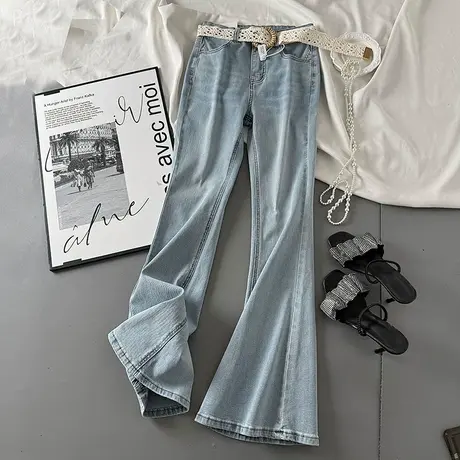 韩版简编织腰带微喇裤女2025夏季新款弹力紧身提臀牛仔喇叭长裤潮商品大图