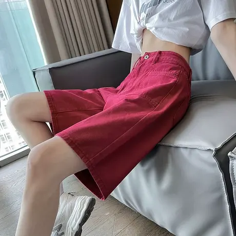 红色高腰牛仔短裤女新款夏季薄款设计感直筒宽松中裤薄款五分裤潮商品大图