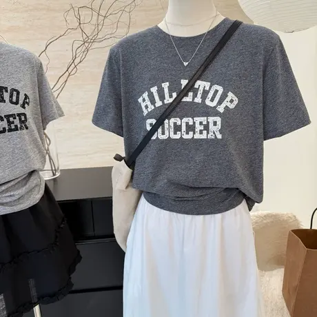 美式复古字母印花宽松显瘦舒适棉圆领短袖t恤女夏季新款百搭上衣商品大图