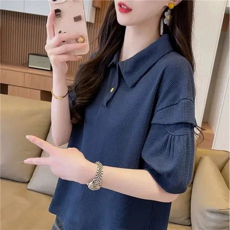 polo领短袖t恤女夏季韩版宽松大码华夫格设计感小众泡泡袖上衣服商品大图