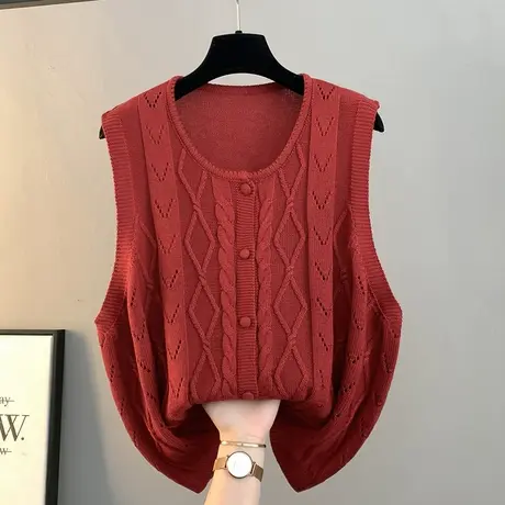 圆领薄款麻花针织马甲开衫女春季新款宽松设计感纯色背心坎肩外套商品大图