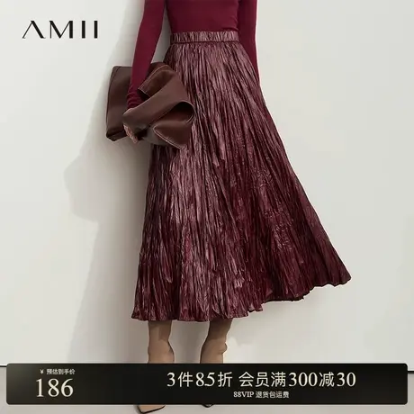 Amii【暮夜鎏金】2024秋奢华立体不规则压褶半身裙百褶PU皮裙子商品大图