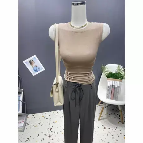 简约好穿！修身性感显胸圆领无袖t恤女纯色百搭基础款背心打底衫图片