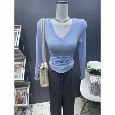 秋季2022新款韩版纯色性感V领长袖t恤女修身内搭褶皱打底衫上衣潮商品大图