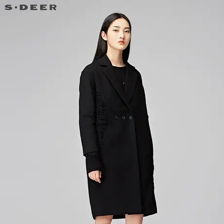 sdeer圣迪奥冬装知性镂空简约翻领长款挺阔毛呢大衣S17481877图片