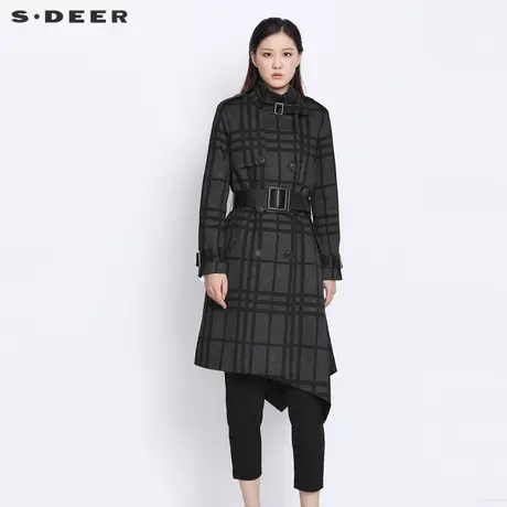 sdeer圣迪奥女装春秋装双排扣格纹收腰不规则长款风衣S21381818图片