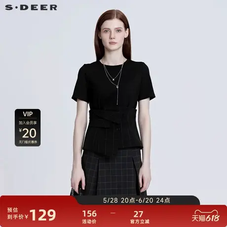 【sdeer奥莱】圣迪奥女装休闲圆领格纹拼接短袖T恤S222Z0112图片