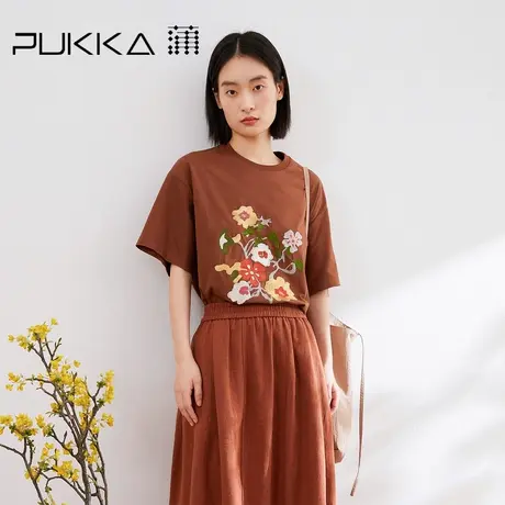 蒲PUKKA 复古刺绣宽松圆领短袖T恤女夏装新品图片