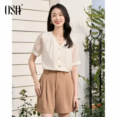 OSA欧莎职业OL短袖雪纺衬衫上衣女2025年夏季新款通勤气质V领衬衣商品大图