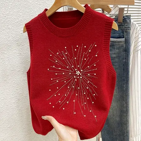新年圣诞红洋气烫钻针织马甲女秋冬圆领内搭叠穿显瘦毛衣坎肩背心图片