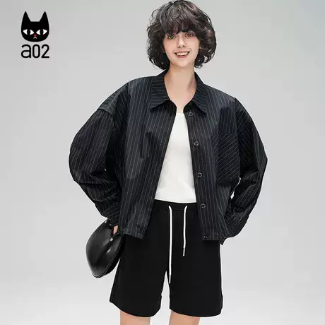 a02【ET自然系列】100%棉衬衫女上衣显瘦条纹长袖衬衣短款外套商品大图