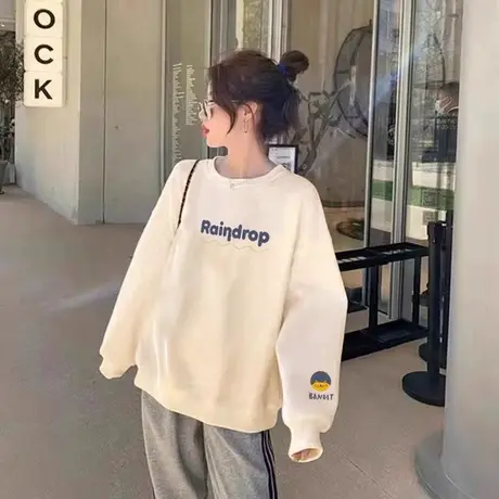 2025秋冬新款杏色宽松加厚卫衣女韩版白色时尚印花加绒圆领外套潮商品大图