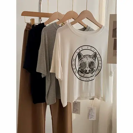 纯欲风莫代尔垂感印花短款T恤女夏宽松欧美性感舞蹈服瑜伽服柔软商品大图