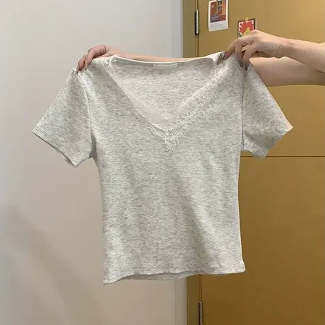 蕾丝花边拼接V领正肩短袖T恤女夏季修身韩版打底衫内搭短款上衣潮商品大图