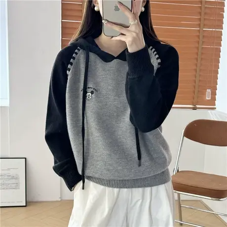 冬季女士拼色连帽毛衣女秋冬2024新款爆款外穿加厚内搭针织打底衫商品大图