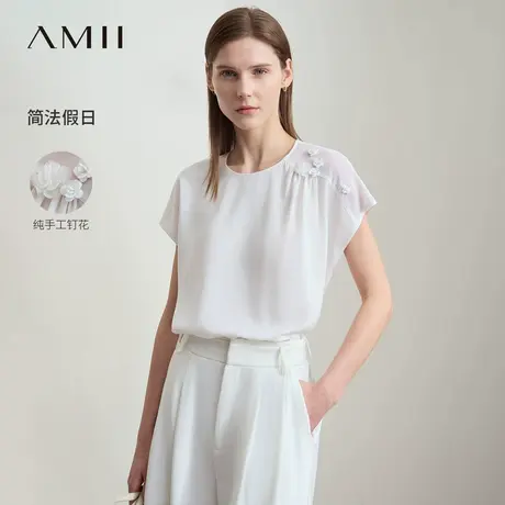 Amii2025夏新款极简纯色圆领宽松连肩短袖立体花装饰无弹雪纺衫女商品大图