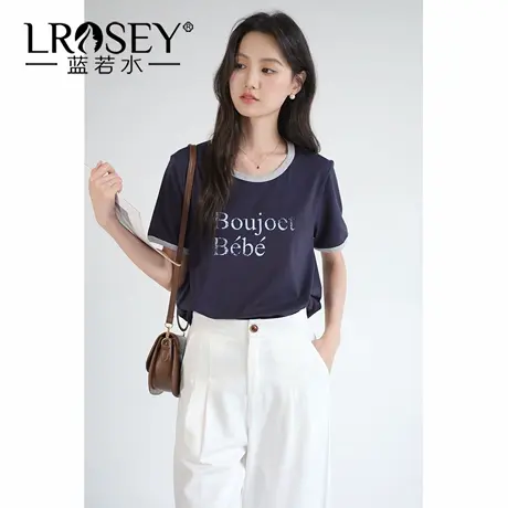 蓝若水大码女装2025夏季新品字母印花撞边T恤遮肚子胖MM美式上衣商品大图