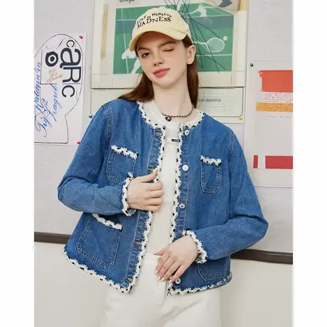 a02个性装饰设计感短款圆领牛仔上衣2025春季休闲百搭女式外套商品大图