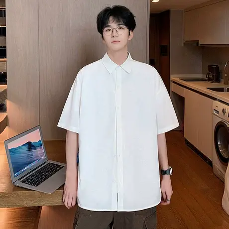 衬衫男夏季2025新款宽松翻领上衣美式休闲运动冰丝大码纯色外套潮商品大图
