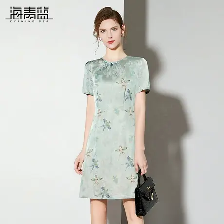 海青蓝 中式连衣裙夏季短袖新款2025年高级设计感中长款女装裙子商品大图