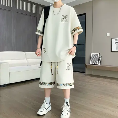 2025夏季新款男士套装加肥加大码大童学生宽松中国风短袖T恤短裤图片