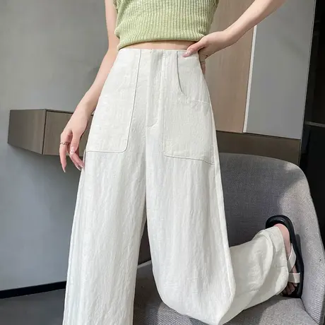 天丝亚麻阔腿裤女2025年夏季薄款高腰窄版宽松显瘦冰丝休闲镰刀裤商品大图