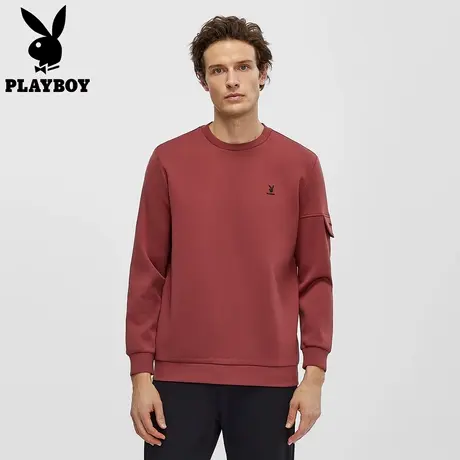 【细纹格】花花公子新款红色卫衣男士款商务休闲运动宽松圆领上衣商品大图