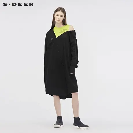 sdeer圣迪奥2019秋女不对称露肩撞色字母衬衫连衣裙S19181217♏商品大图