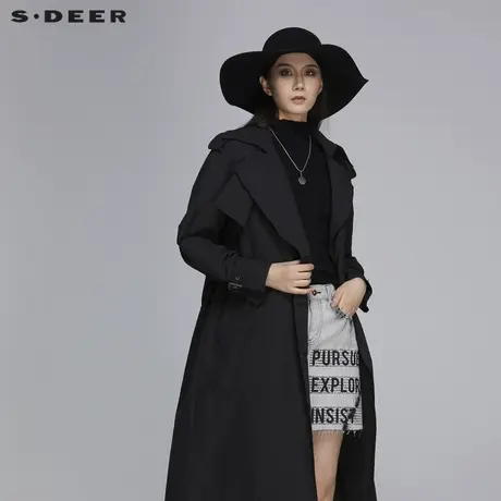 sdeer圣迪奥春装修身翻领单排扣通勤长款黑色风衣外套女S20181804🗼商品大图