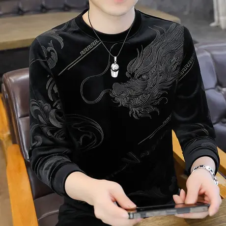 2025春冬季新款男士加绒加厚金丝绒长袖T恤衫加肥加大码宽松卫衣图片