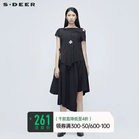 sdeer圣迪奥女装夏季裙子女设计感黑色飘带假两件连衣裙S20281228图片