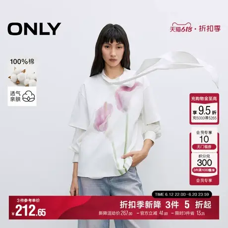 ONLY2025夏季新款纯棉花朵印花设计落肩宽松显瘦圆领短袖T恤女商品大图