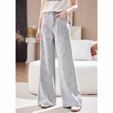 宝诗黎高腰宽松阔腿烫钻牛仔裤2025夏季显瘦百搭洋气直筒拖地裤女图片