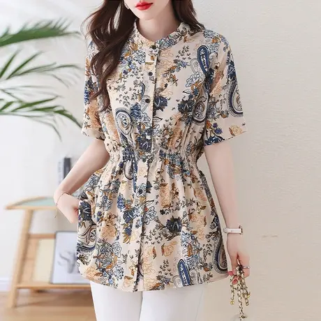 中长款雪纺衬衫女夏装时尚花色减龄百搭小衫女胖MM宽松显瘦女上衣图片