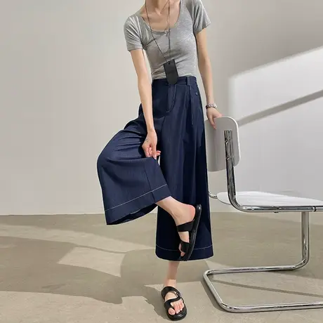 莱赛尔天丝牛仔裙裤女夏季薄款高腰宽松冰丝垂感八分蓝色阔腿裤子商品大图