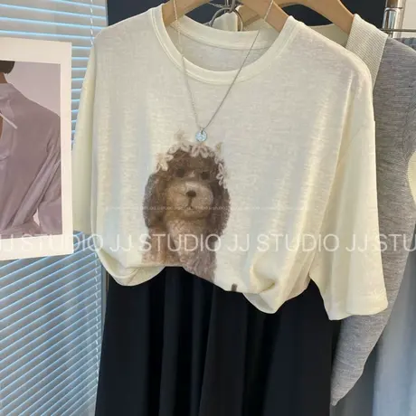 温柔色系 韩国东大门卡通小狗印花宽松凉感雪花棉短袖T恤女上衣夏图片