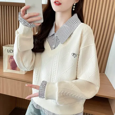 衬衫领卫衣女2025新款春秋韩版宽松薄款翻领polo衫假两件上衣外套图片
