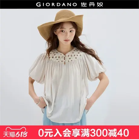 设计师款佐丹奴衬衫女麻感文艺风宽松圆领半开襟短袖衬衣18345812图片