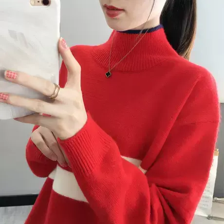秋冬新款半高领毛衣女加厚宽松打底衫套头针织衫上衣内搭保暖条纹商品大图