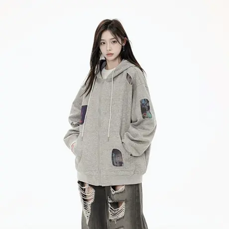复古贴布印花连帽卫衣女春季2025年新款美式帽衫宽松开衫长袖外套图片